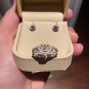 LeVian Chocolate & White diamond ring & earrings.